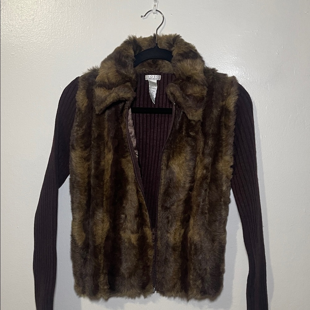 XOXO Brown Faux Fur Vest with Knit Sleeves